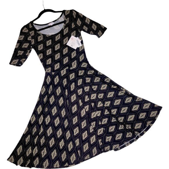 LuLaRoe Nicole Dress XS Aztec Diamond Black Taupe Neutral Boho Skater Fit Flare - Picture 1 of 10